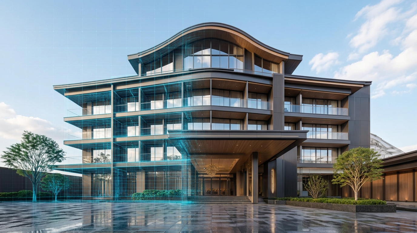 The same modern hotel building in bright daylight